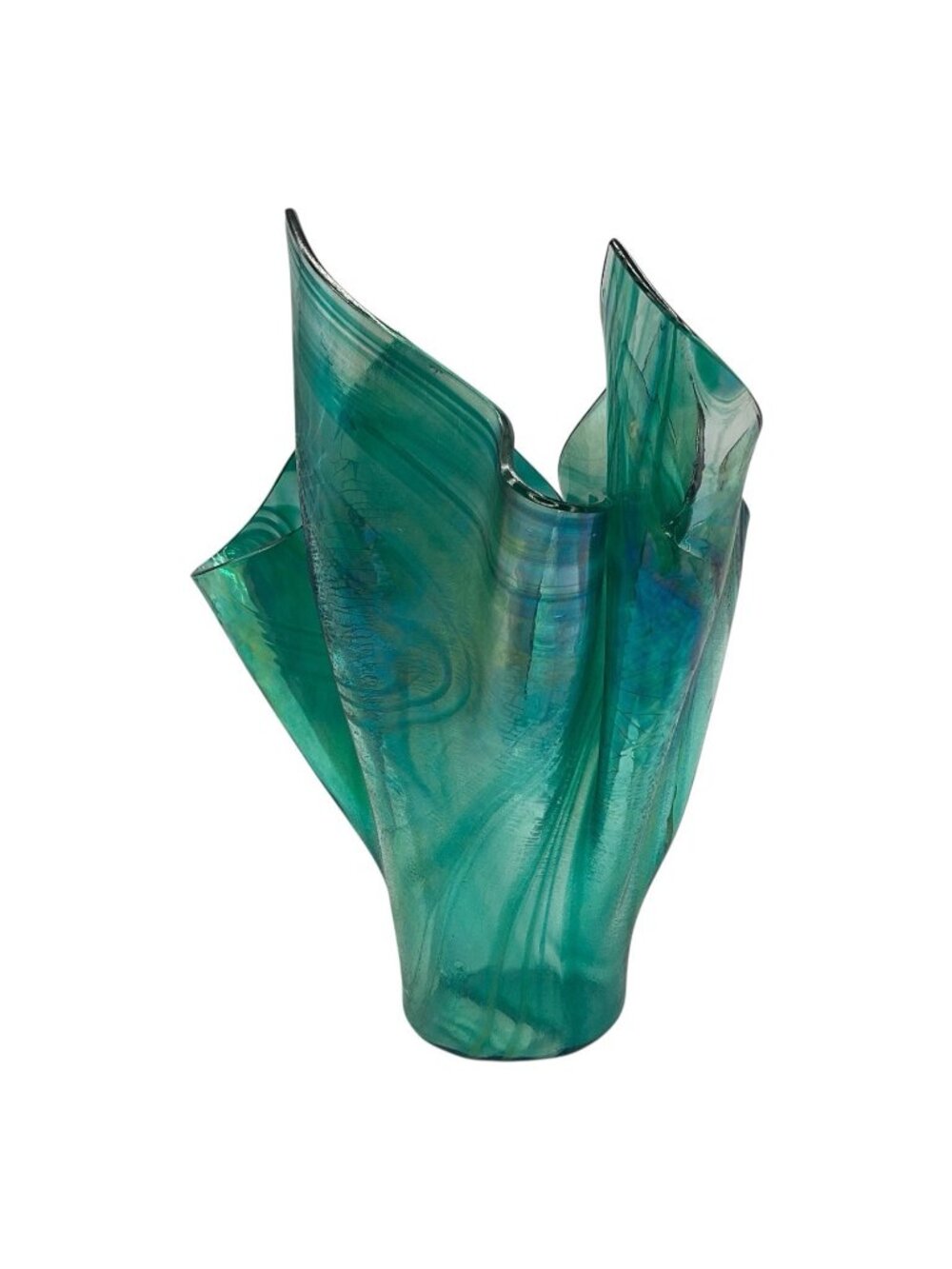 Iridescent Green Blue Art Glass Large Hankerchief Vase Ocean Inspired Black Rim